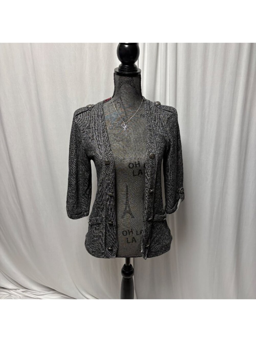 Vanity Open Cardigan Womens Sz Medium Gray Jacket Black Lace Back Metal Buttons